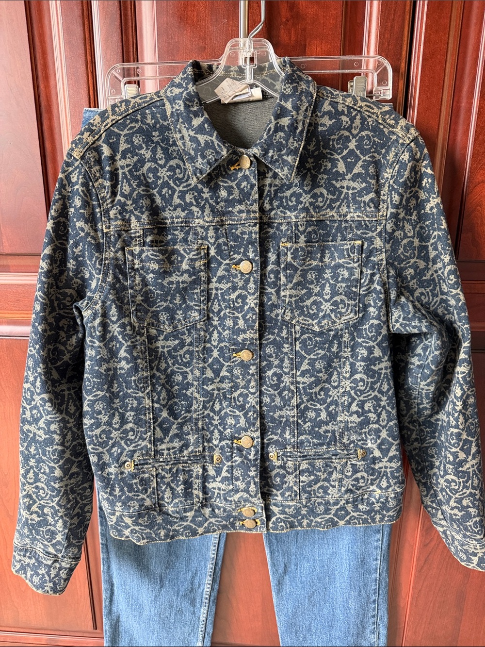Jones New York Navy Patterned Denim Jacket with Gold Buttons